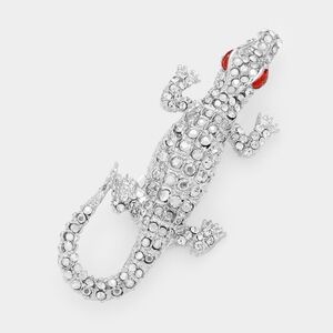 Silver Crocodile Alligator Pave Crystal 2.75" Brooch Pin Rhinestone Bling